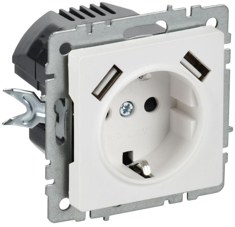 Розетка BRITE РЮш10-1-БрАБ 16А с USB A+A 2.1А с заземл. защ. шторки механизм арктич. бел. IEK BR-R14-16-U21-D21-K91