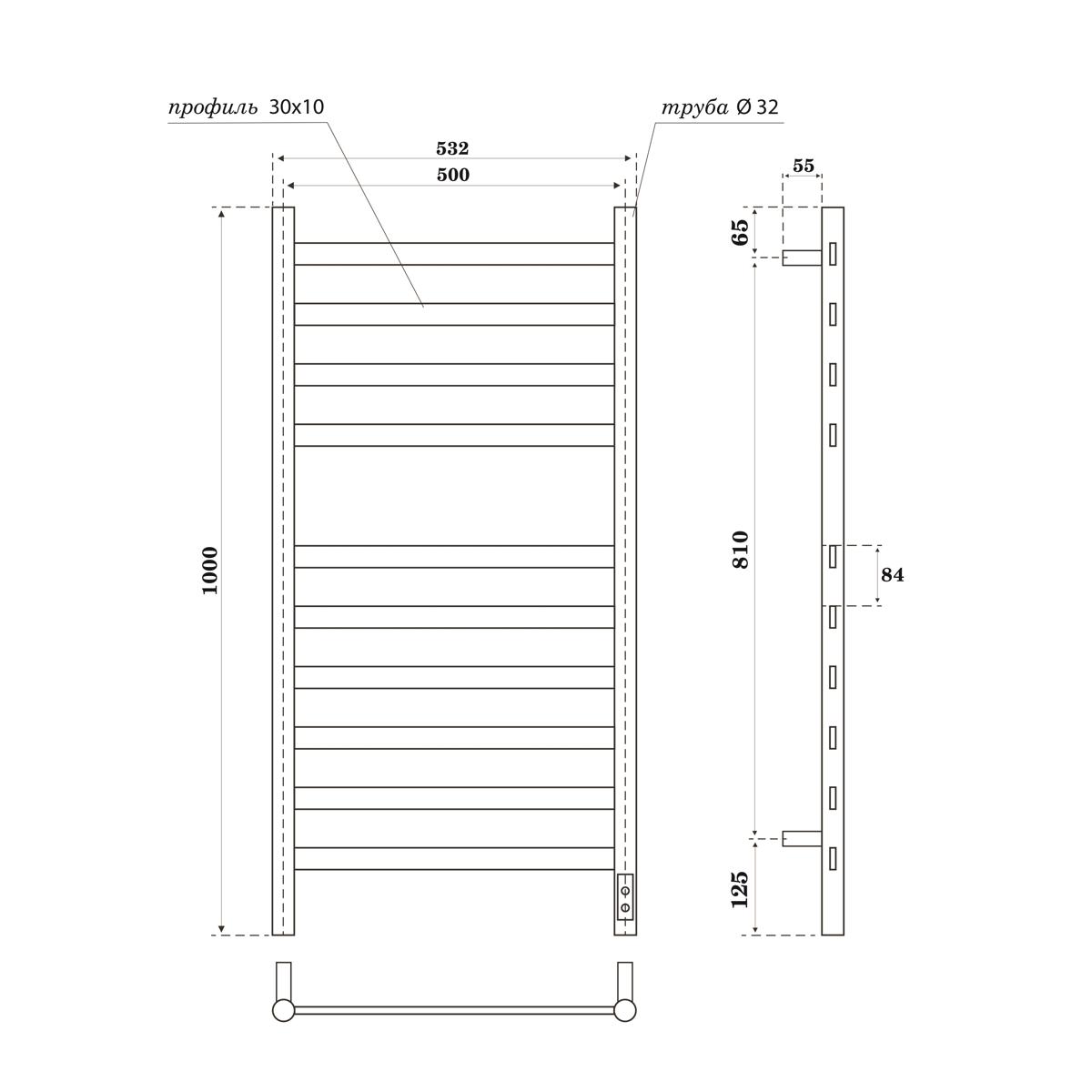 Полотенцесушитель электрический Point Селена PN16850B П10 500x1000, диммер справа, черный