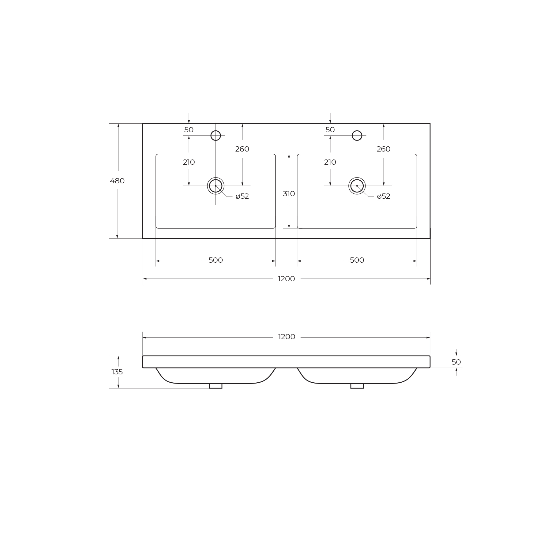 Раковина из искусственного мрамора с двумя чашами CEZARES CZR-1200/480-2-LV-MR-ECO
