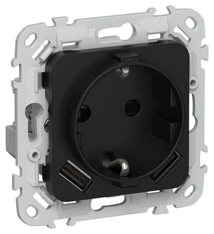Розетка 1-м СП FLITE РСЮша11-1-ФлЧ 16А с USB A+A 3.1А с заземл. с защ. шторками безвинтовое крепление механизм черн. IEK FI-R14-16-1-U21-D31-K02