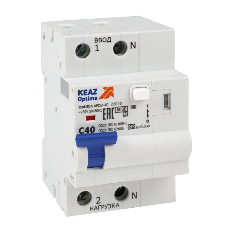 Устройство защиты от дугового пробоя с АВДТ и защ. от пов. напряж. OptiDin AFDD-40-22C40-A-У3 (2P C40 30mA Uоткл 275В) КЭАЗ 339091