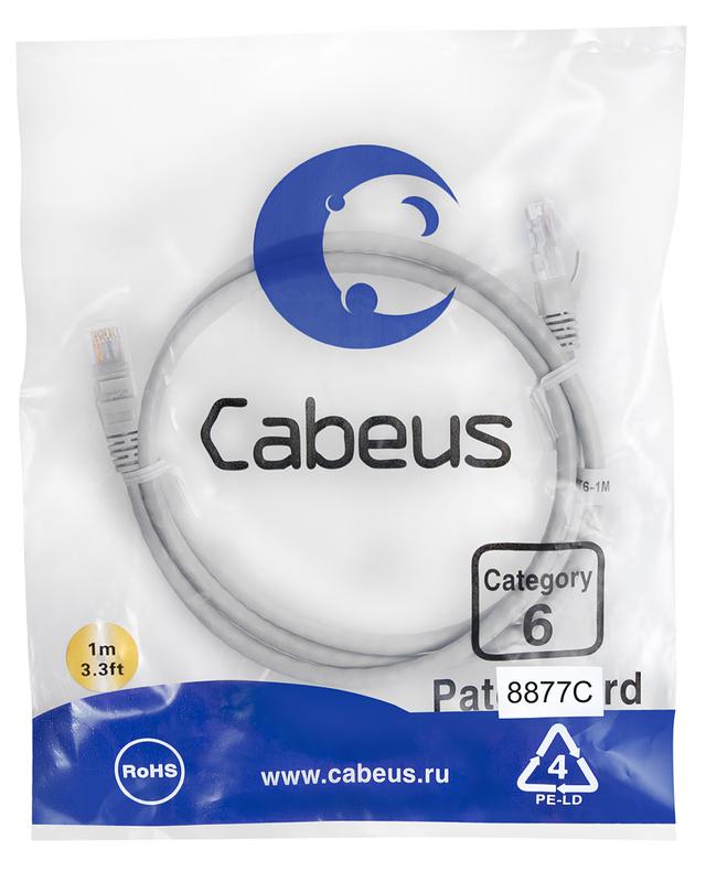 Патч-корд U/UTP кат.6 PC-UTP-RJ45-Cat.6-1m-LSZH 2xRJ45/8p8c неэкранир. LSZH 1м сер. Cabeus 8877c