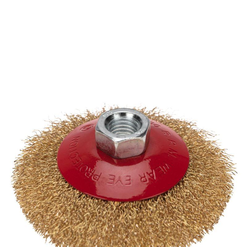 Щетка коническая для УШМ витая латунированная проволока 100мм М14 Kranz KR-91-1205