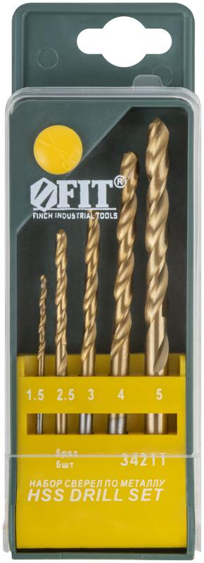 Набор сверл HSS по металлу титановое покрытие 5шт (1.5-2.5-3-4-5мм) FIT 34211