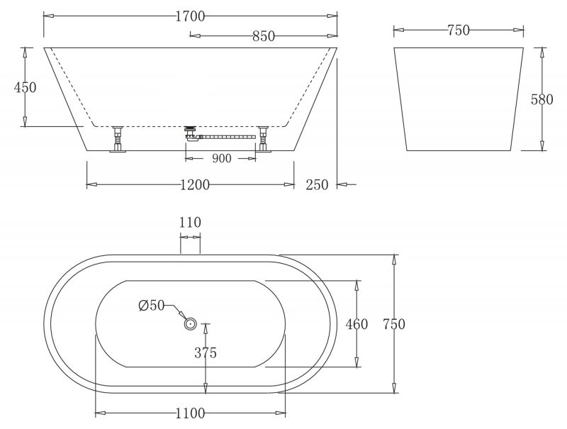 Акриловая ванна без перелива BELBAGNO BB61-1700-W0, 1700х750х600