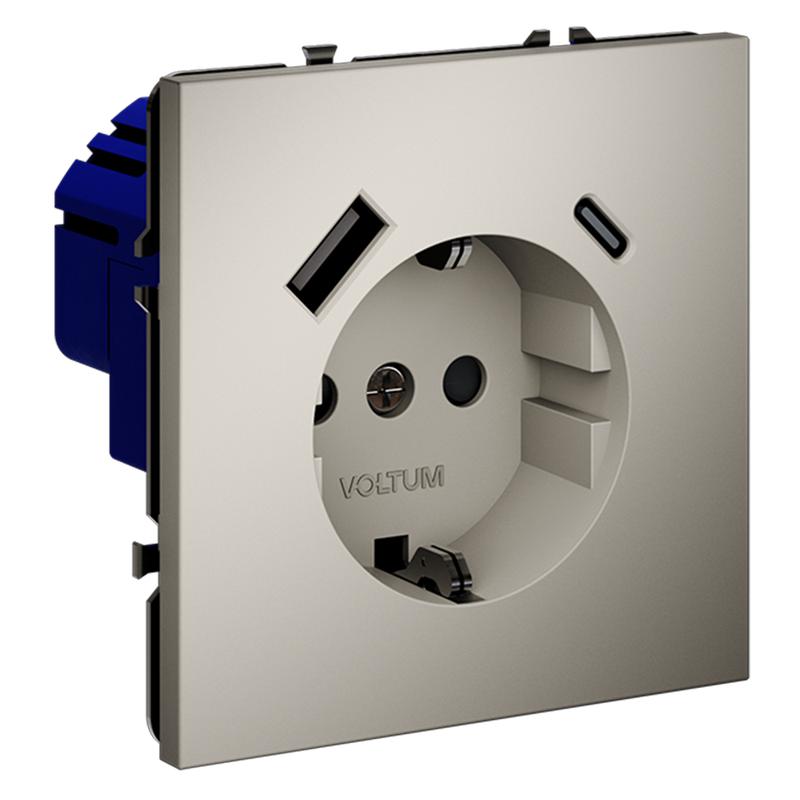 Розетка 1-м СП S70 16А с USB A+С с заземл. защ. шторки механизм кашемир Voltum VLS040503
