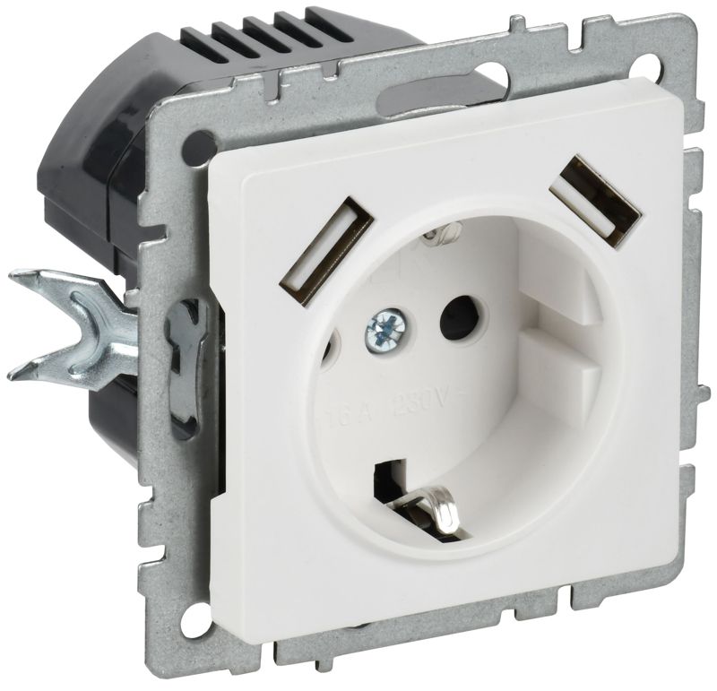 Розетка BRITE РЮш10-1-БрАБ 16А с USB A+A 2.1А с заземл. защ. шторки механизм арктич. бел. IEK BR-R14-16-U21-D21-K91