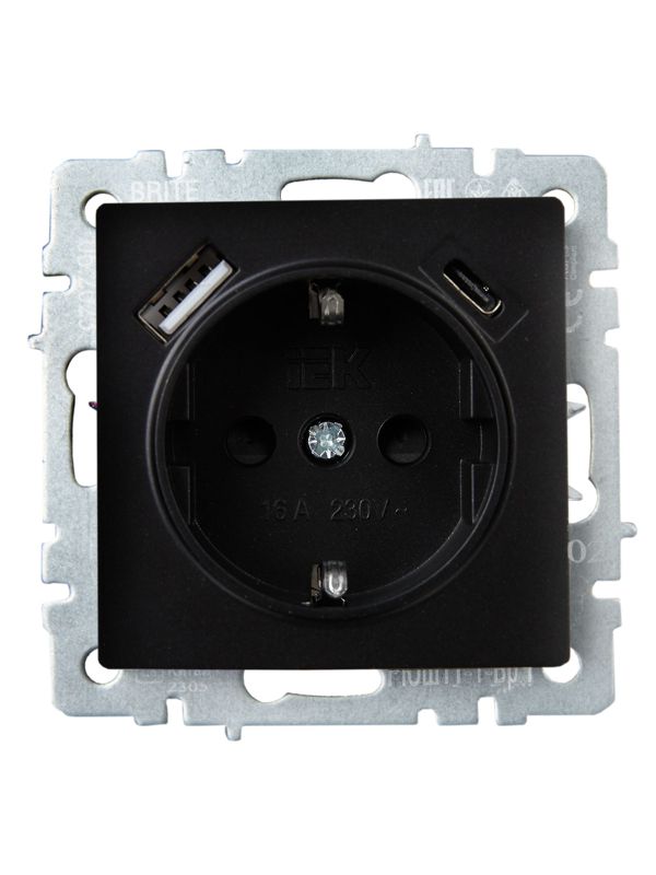 Розетка BRITE РЮш11-1-БрЧ 16А с USB A+C 18Вт с заземл. защ. шторки механизм черн. IEK BR-R14-16-U22-018-K02