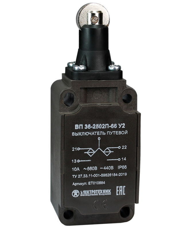 Выключатель путевой ВП 36-2502П-66 У2 1НО+1НЗ 3А IP66 толкатель с роликом инерционный 30х60мм без сальника Электротехник ET010884