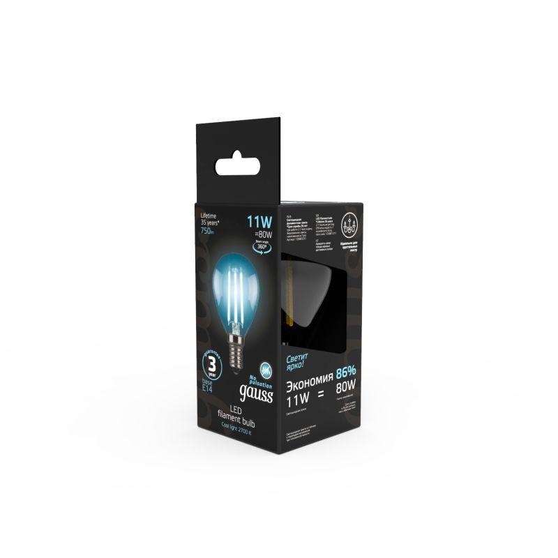 Лампа светодиодная филаментная Black Filament 11Вт P45 шар 4100К нейтр. бел. E14 830лм GAUSS 105801211