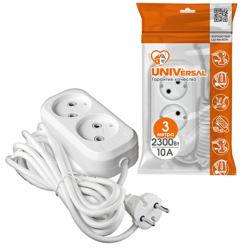 Удлинитель 2х3м без заземл. 10А IP20 Е-202 ПВС 2х0.75 АБС-пластик UNIVersal 9631960