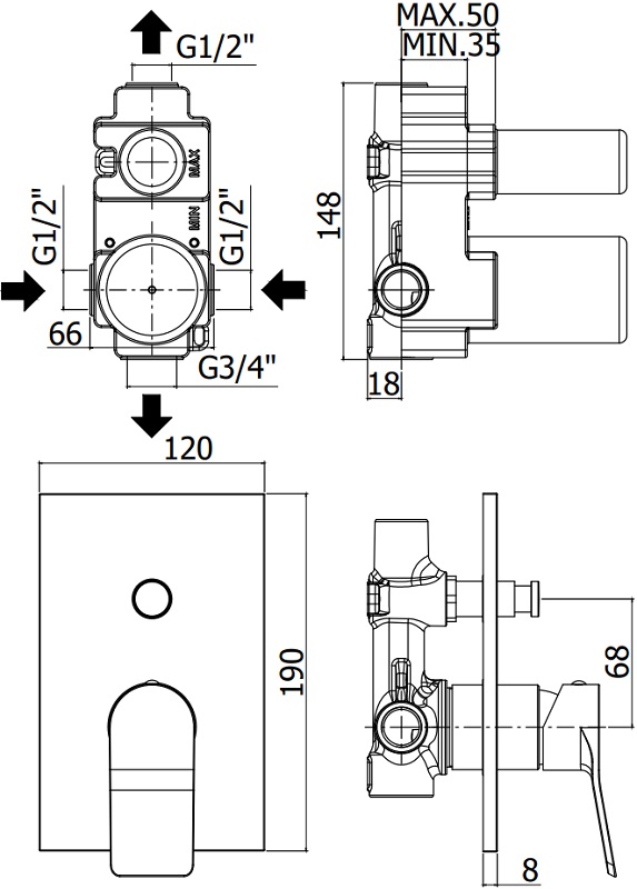 Смеситель для душа Paffoni Tilt TI015CR (с внутренней частью)