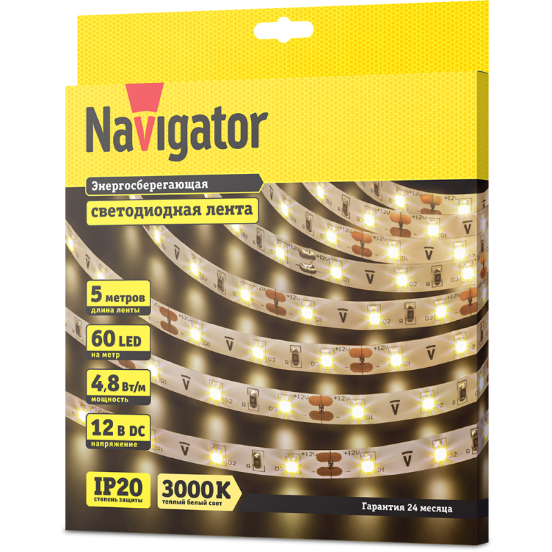 Лента светодиодная 71 402 NLS-3528WW60-4.8 IP20 12B R5 4.8Вт/м (уп.5м) Navigator 71402