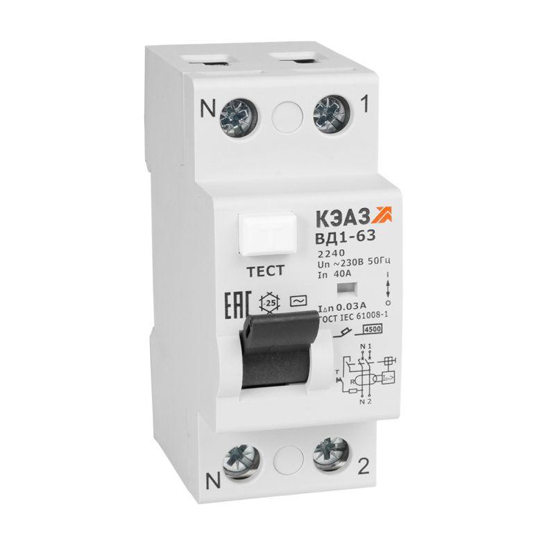 Выключатель дифференциального тока (УЗО) 2п 40А 30мА тип AC ВД1-63 2240 УХЛ4 КЭАЗ 221905