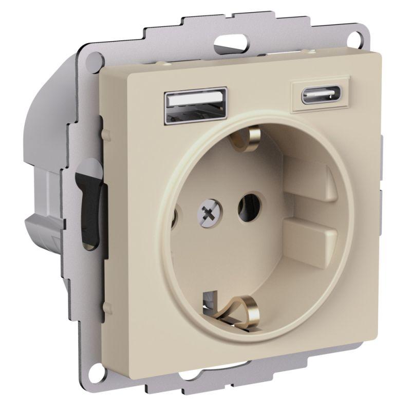 Розетка AtlasDesign 16А с 2-мя заряд. устройствами USB тип A+C 5В/2.4А/3.0А 2х5В/1.5А механизм песочн. SE ATN001232