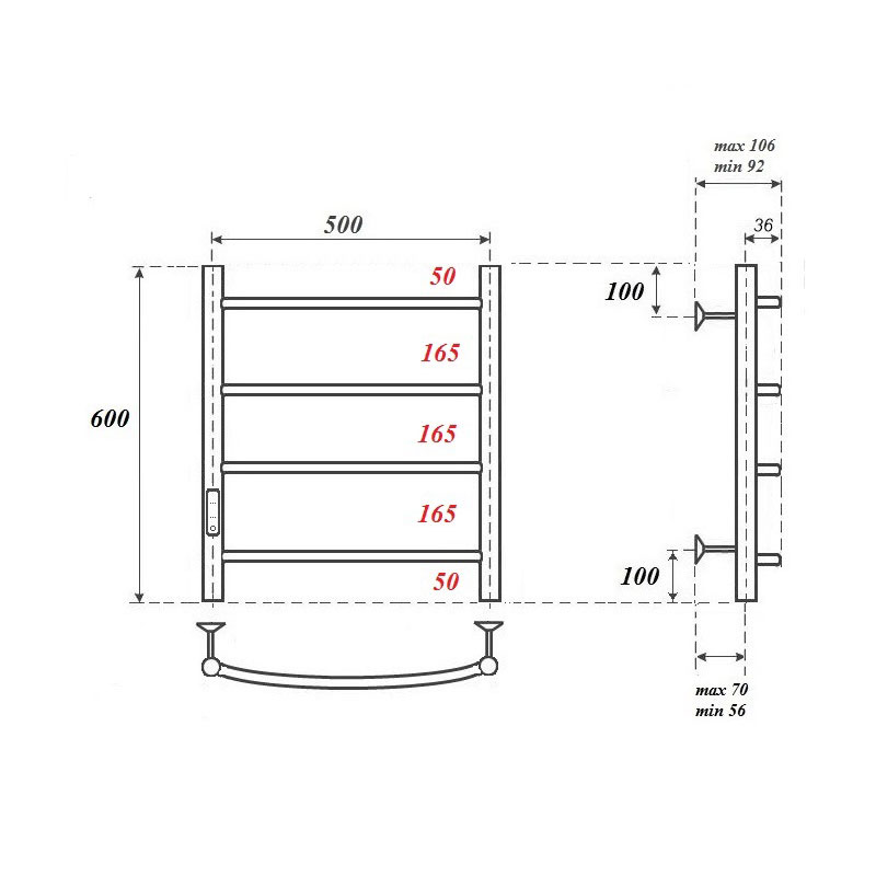 Полотенцесушитель электрический Point Афина PN04756W П4 500x600 диммер слева, белый