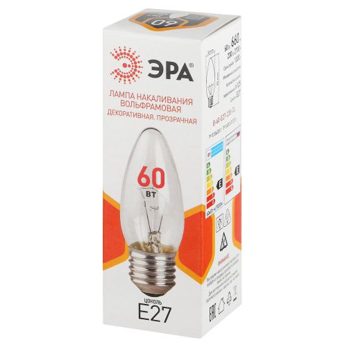 Лампа накаливания B36 60Вт свеча прозрачная E27/E27 230В Эра Б0066524