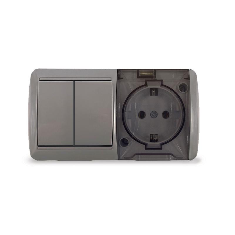 Блок ОП Клио 2-кл. выкл. 10А + розетка 1-м 16А 250В с заземл. с прозр. крышкой сер. Universal К2239-Gr