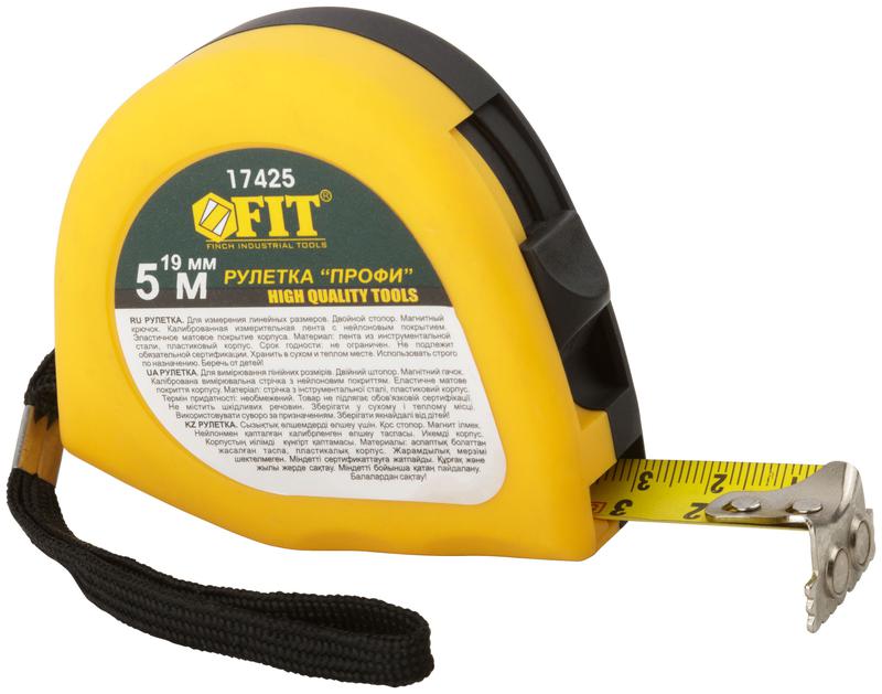 Рулетка Профи 5мх19мм калибр. лента; нейлон. покрытие; магн. крючок; эласт. корпус; двойн. стопор черн./желт. FIT 17425