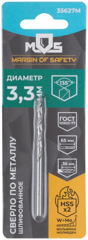 Сверло по металлу HSS шлифованное в блистере угол заточки 135град. 3.3х65мм MOS 35627М