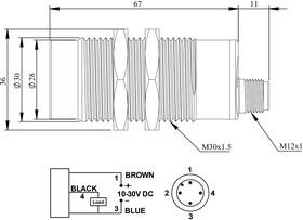 Датчик индуктивный (PNP-НО) разъем M12х3 (расс. сраб. 15мм 200Гц) выступающий 10-30В DC IP67 EMAS SIM30NM1PSX
