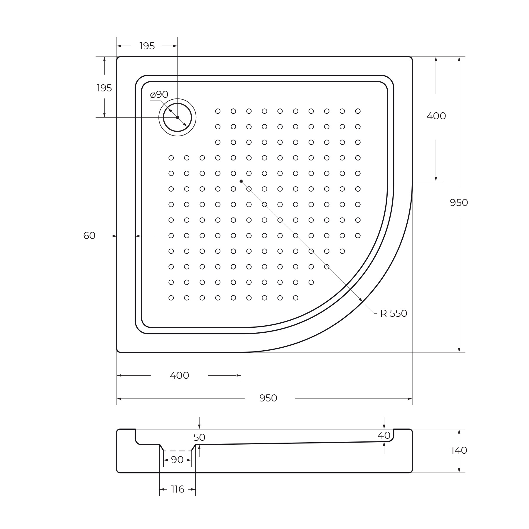 Акриловый поддон CEZARES TRAY-A-R-95-550-15-W