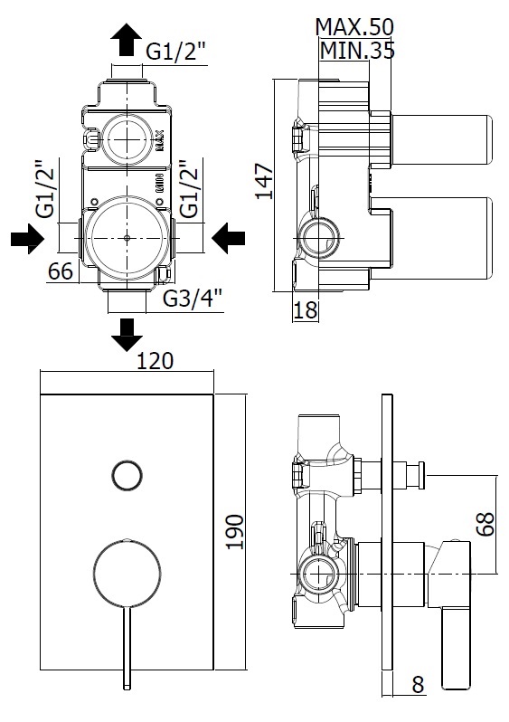 Смеситель встраиваемый для душа на 2 выхода Paffoni ROCK RO015CR встраиваемый на 2 выхода Хром