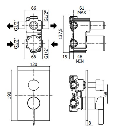 Смеситель встраиваемый для душа на 2 выхода Paffoni ROCK RO018CR встраиваемый на 2 выхода Хром