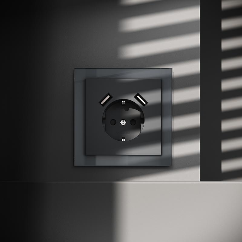 Розетка 1-м СП S70 16А с USB A+A с заземл. защ. шторки механизм графит Voltum VLS040407