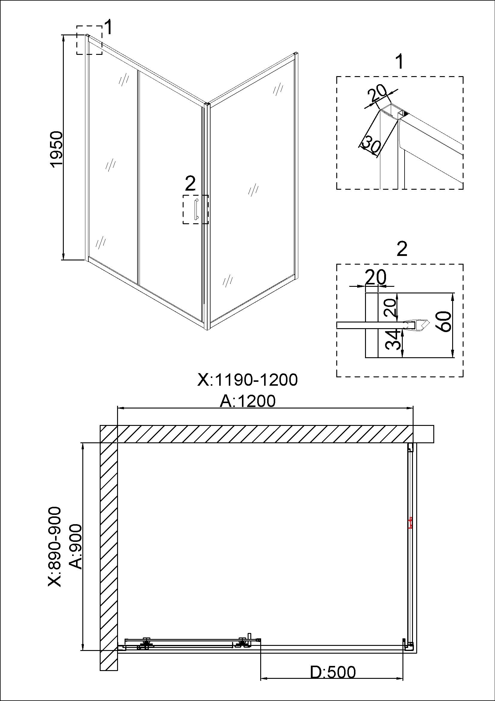 Душевое ограждение NG-42-12AG-A90G (120*90*195) прямоугольник, дверь раздвижная