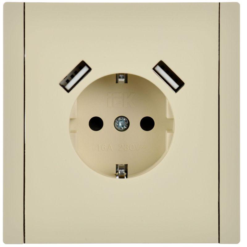 Розетка FORTE&PIANO FP445 16А USB A+A 3.1А с заземл. защ. шторки винт. крепл. ваниль IEK FP-R14-16-U21-D31-K10