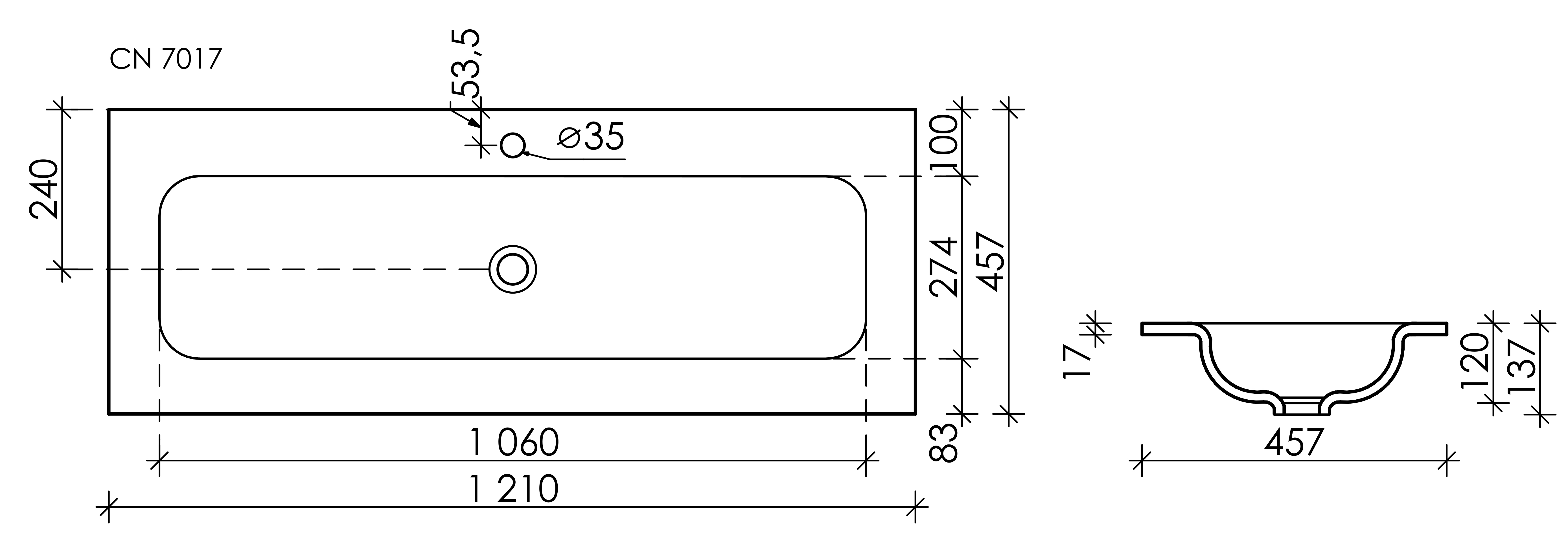 Умывальник накладной прямоугольный Element 1210*457*137мм, CN7017