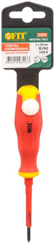 Отвертка изолированная 1000 В CrV сталь прорезиненная ручка 3х60мм РН0 FIT 55891