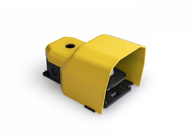 Педаль одиночная 2x(1НО+1НЗ) + 2x(1НО+1НЗ) 2 скорости с защитным кожухом (алюм.) желт. цвета основание для рукояти (250В AC 4А) IP65 EMAS PDKA11VX20