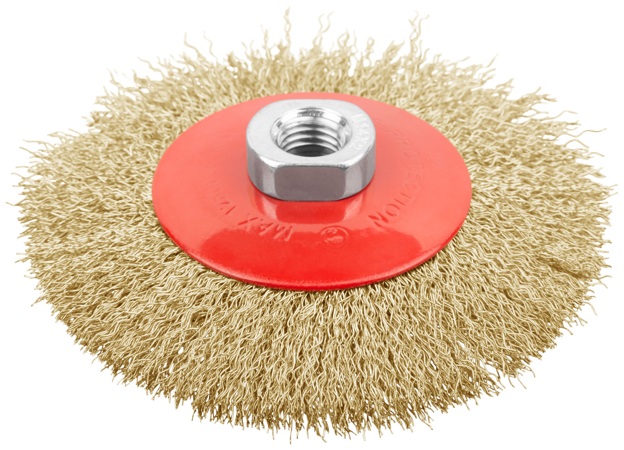Корщетка-колесо с наклоном, гайка М14, стальная латунированная волнистая проволока 115 мм