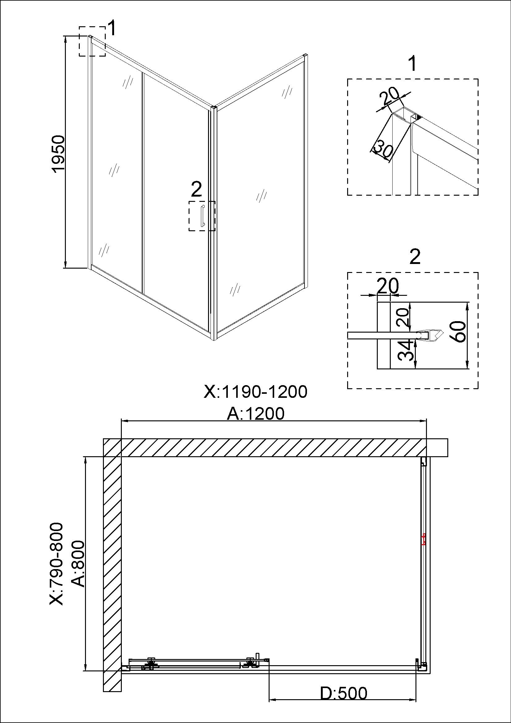 Душевое ограждение NG-42-12AG-A80G (120*80*195) прямоугольник, дверь раздвижная