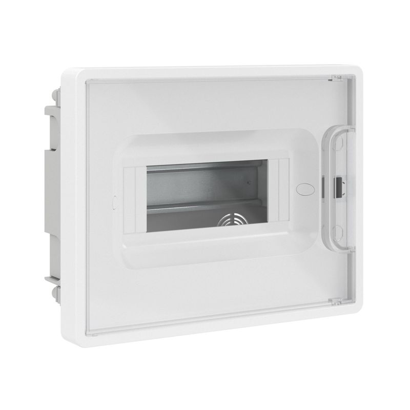 Щиток встраиваемый FRAME 8мод. для полых стен с прозр. дверцей с 2 шинами PEN на 8 и 6 отверст. бел. DKC F08B3WT