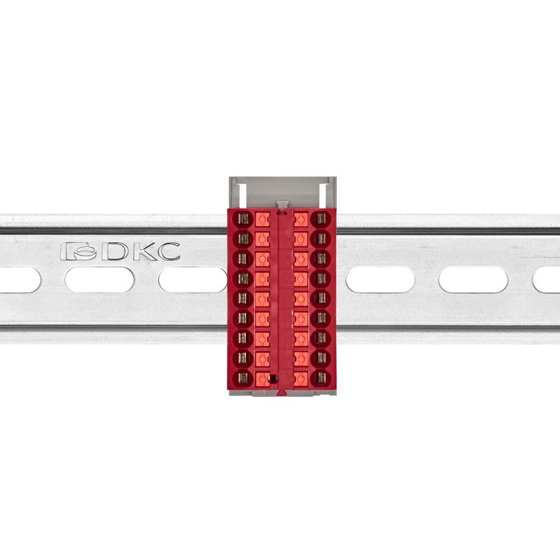 Блок распределительный с вертикал. адаптером на рейки шир. 15/35мм зажим push-in 18 точек подключения 2.5кв.мм красн. DKC DTP1-018-04SPUR-V