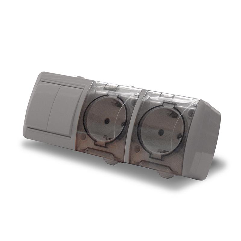 Блок ОП Клио 2-кл. выкл. 10А + розетка 2-м 16А 250В с заземл. с прозр. крышкой сер. Universal К2240-Gr