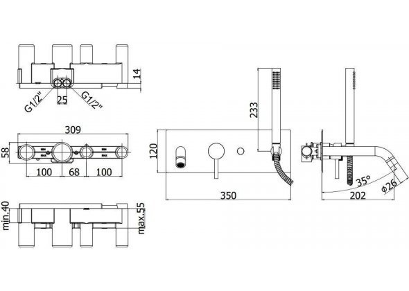 Смеситель для ванны Paffoni LIGHT LIG001ST встраиваемый на 2 выхода Steel looking