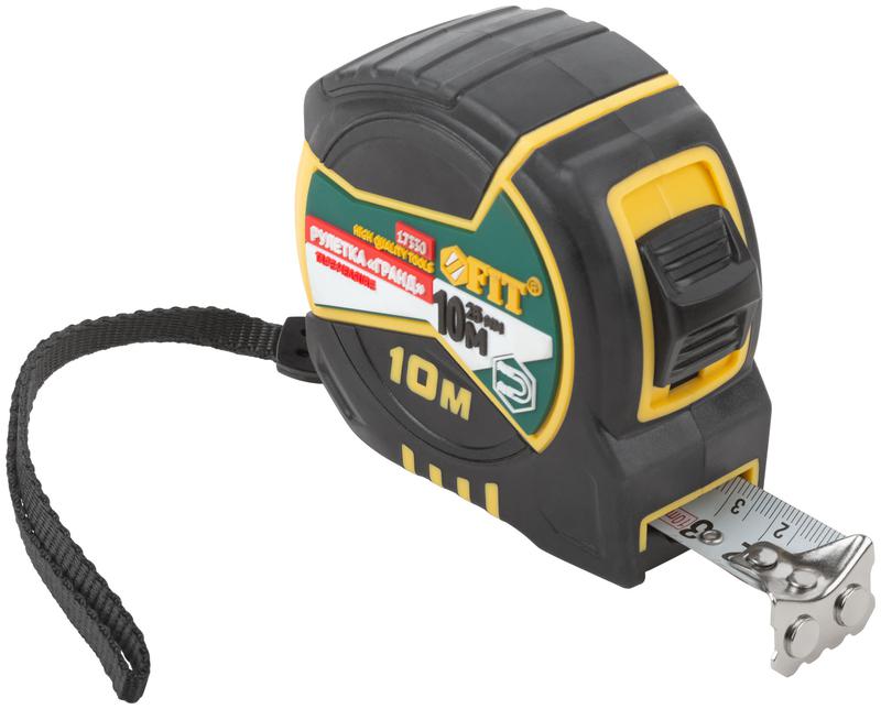 Рулетка Гранд 10мх25мм калибр. лента; нейлон. покрытие; магн. крючок; двойной стопор; прорезиненный корпус FIT 17330