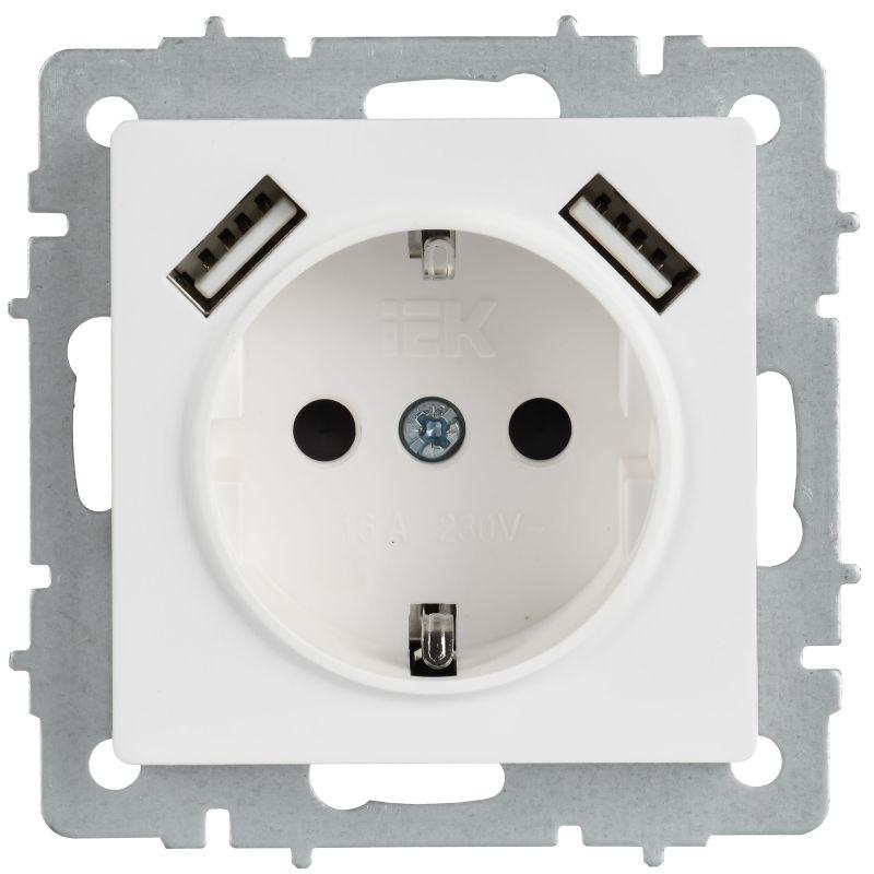 Розетка BRITE РЮш10-1-БрАБ 16А с USB A+A 2.1А с заземл. защ. шторки механизм арктич. бел. IEK BR-R14-16-U21-D21-K91