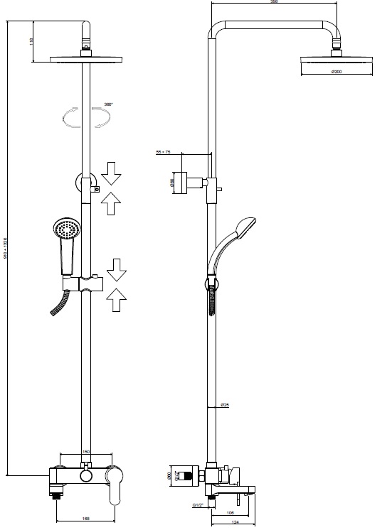 Колонна для душа телескопич. Blu излив-дивертор, хром Paffoni
