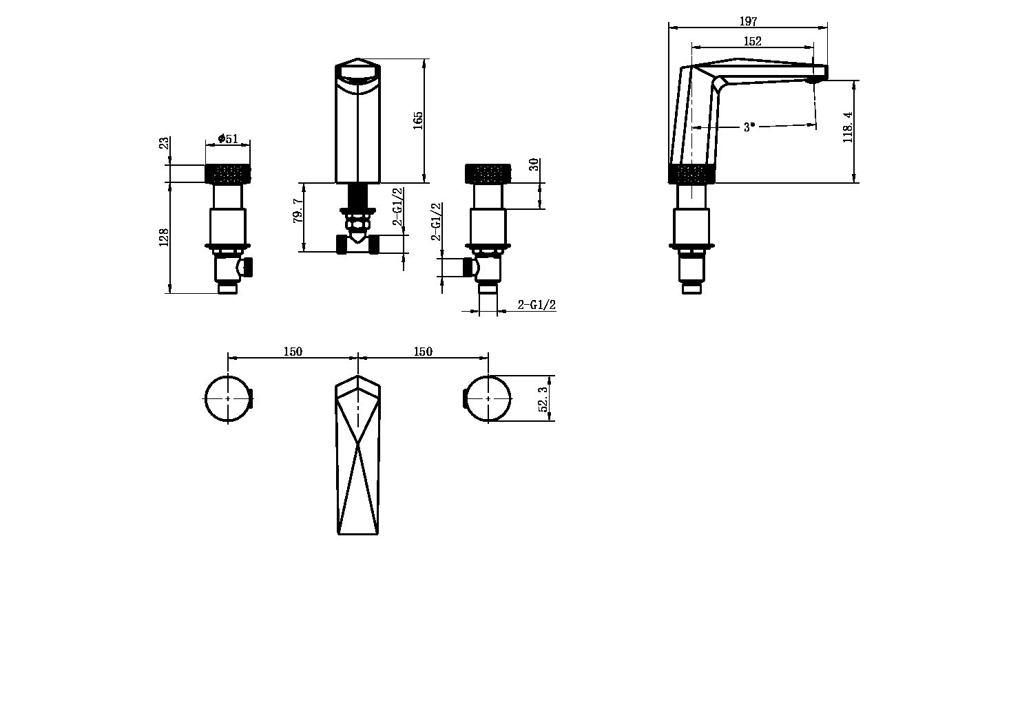 Смеситель врезной на 3отв. VENTURO черный-хром, ручка DIAMOND