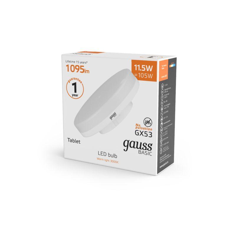Лампа светодиодная Basic 11.5Вт таблетка 3000К тепл. бел. GX53 1095лм GAUSS 20849112