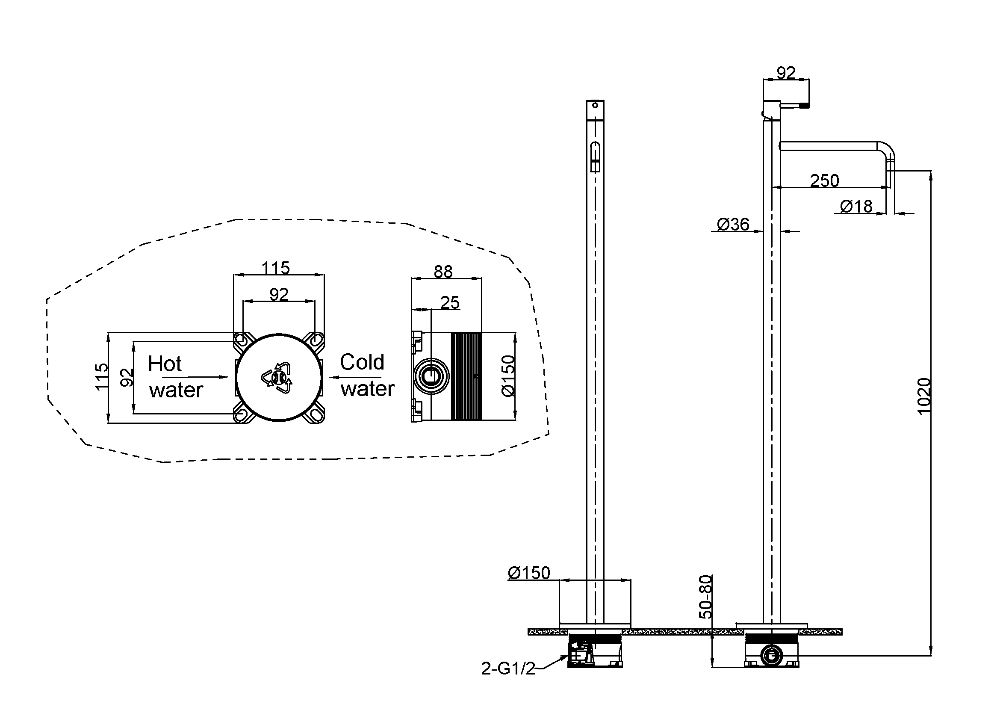 Смеситель для умывальника напольный Uno Matt Gold