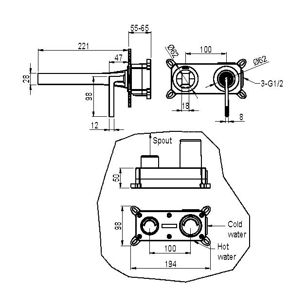Смеситель Boheme Duo для раковины из стены 2х-позиционный MATT GOLD