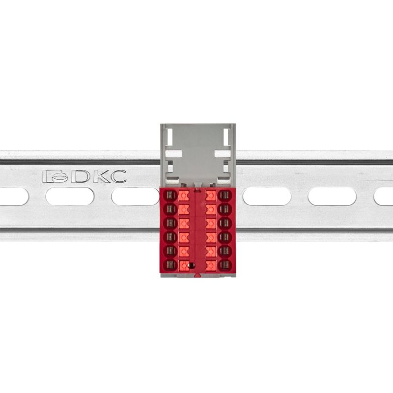 Блок распределительный с вертикал. адаптером на рейки шир. 15/35мм зажим push-in 12 точек подключения 2.5кв.мм красн. DKC DTP1-012-04SPUR-V