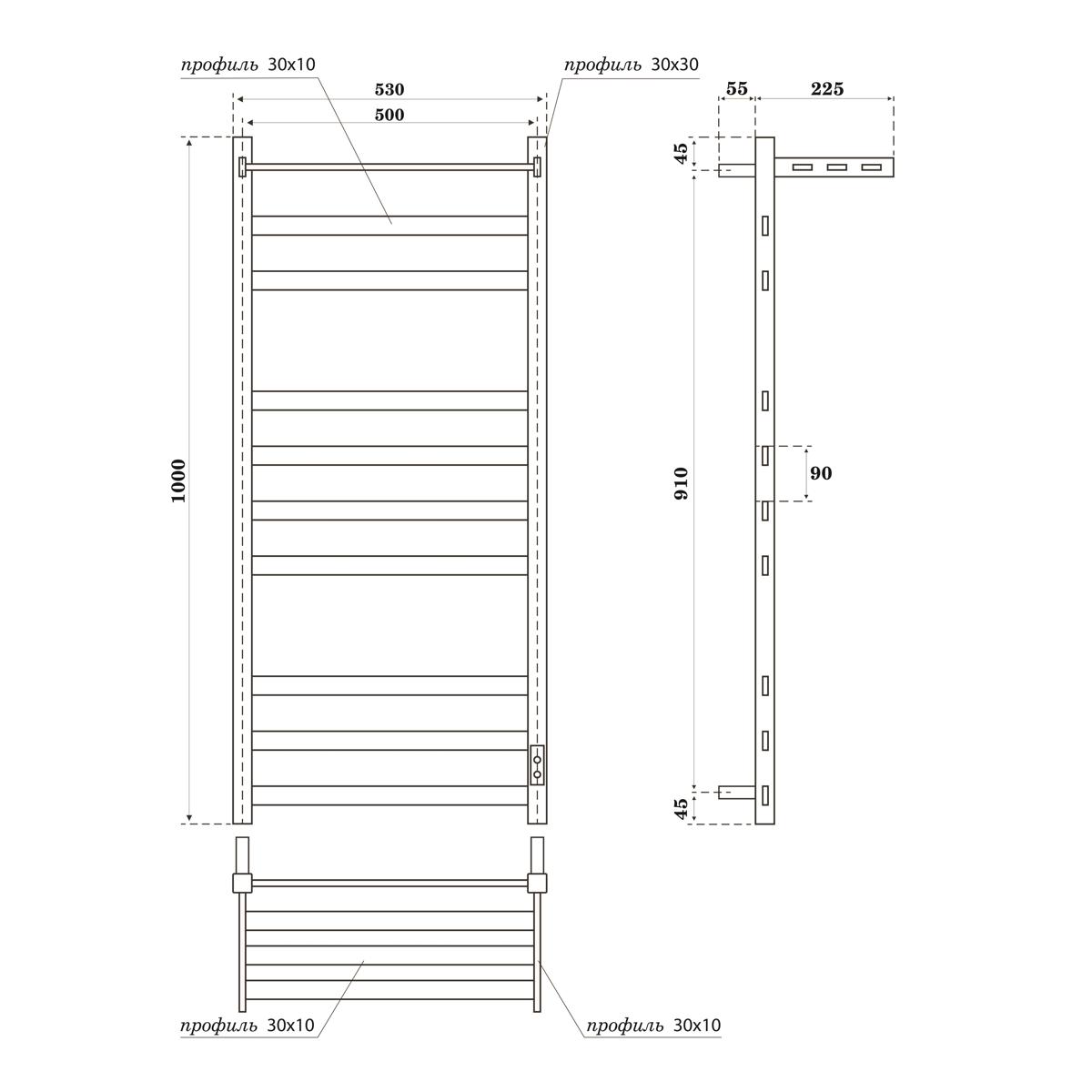 Полотенцесушитель электрический Point Меркурий PN83850PGR П9 500x1000 с полкой, диммер справа, графит премиум