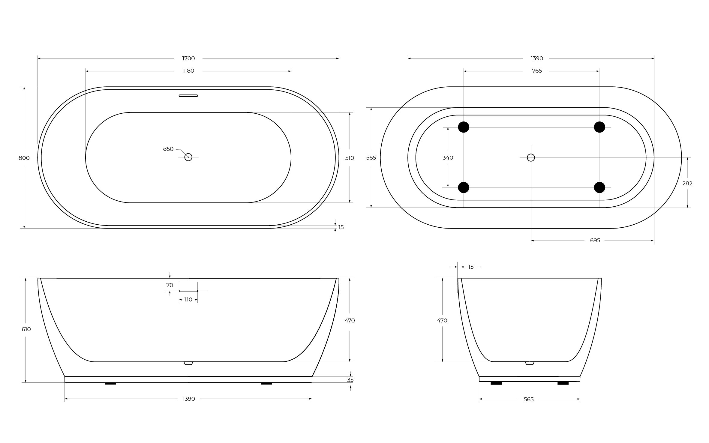 Акриловая ванна BELBAGNO BB413-1700-800